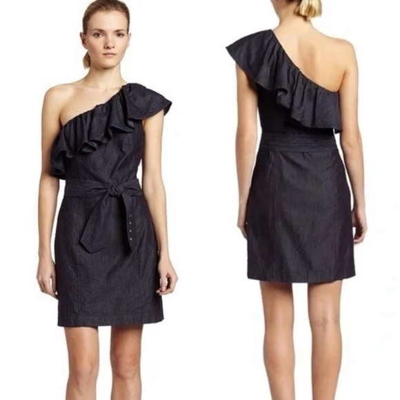 Trina Turk Chambray One Shoulder Ruffle Dress Size 0 - Picture 1 of 13